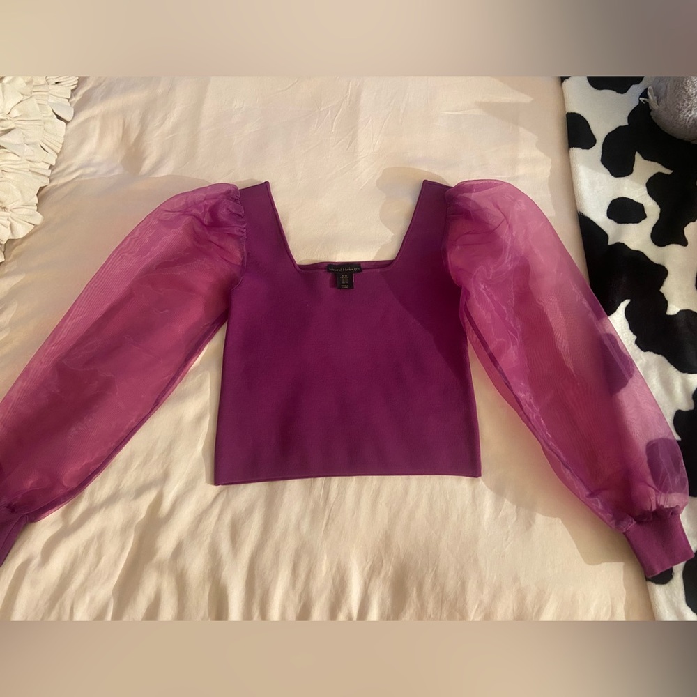 House of Harlow Chiffon Organza Puff Sleeve Cropped Blouse Purple Size XS